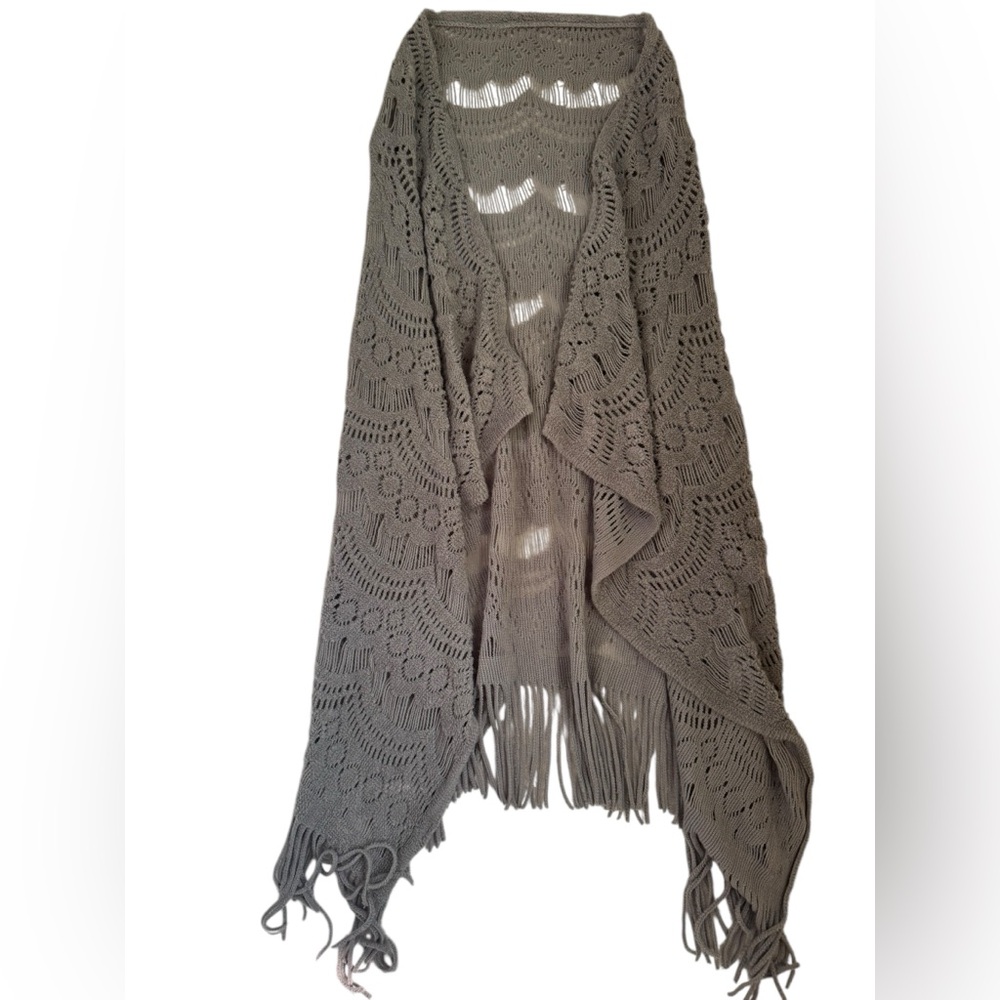 Grey Crochet Vest Fringe Shawl Collar Women’s OSFA